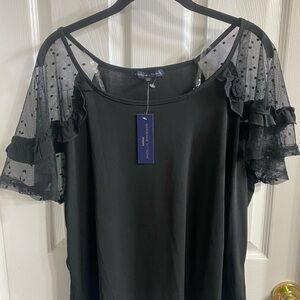 Adrienne Vittadini Black Sheer Dot Ruffle Sleeve Blouse